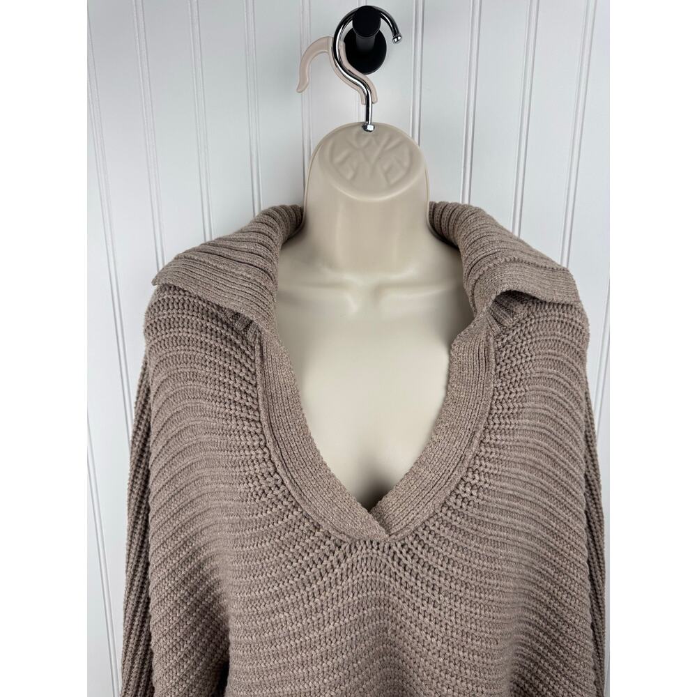 Slouchy Taupe Chunky Knit Sweater Women’s Small Oversized V-Neck Collared - Picture 2 of 8